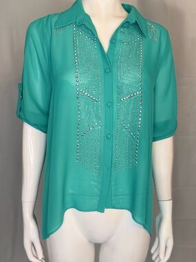 Teal Stud-Embellished Button Front Blouse